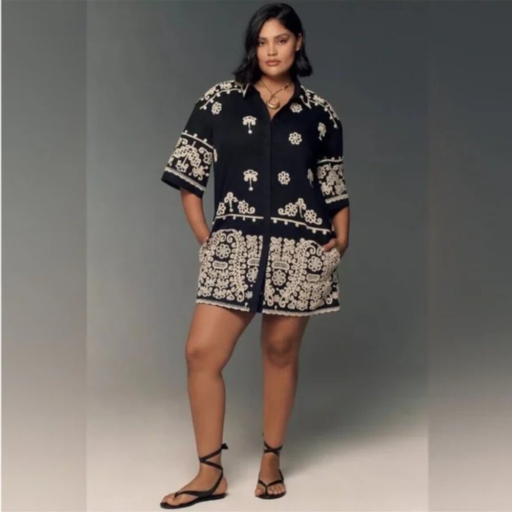 Maeve Anthropologie Black Short Sleeve Embroidered Collared Mini Shirt Dress - Picture 2 of 10